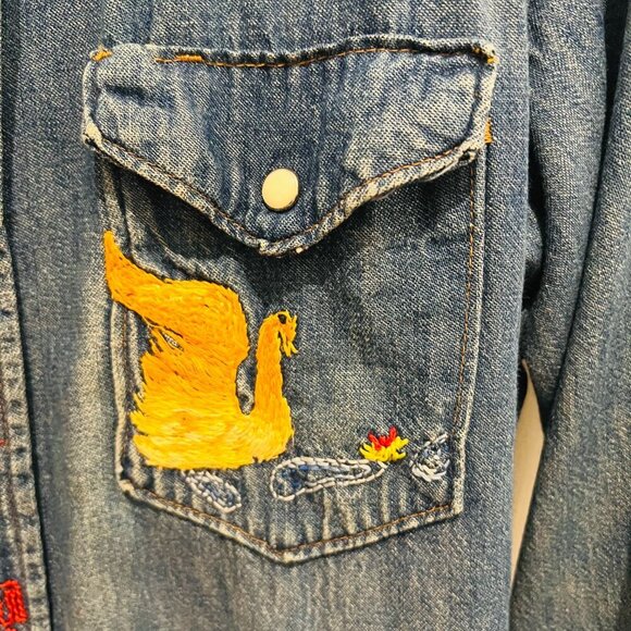 Vtg 70's Maverick Embroidered Denim Pearl Snap Shirt Long Tail Western Cowboy - Picture 9 of 16